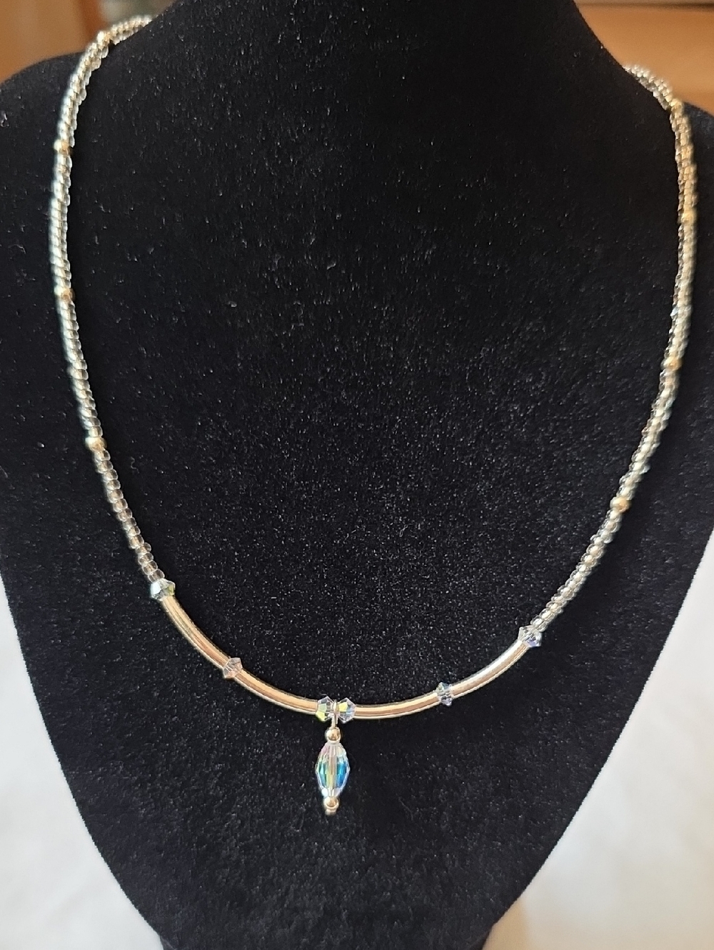 Sterling Silver Delicate Necklace with Aurora Crystal Pendant & Clear Seed Beads